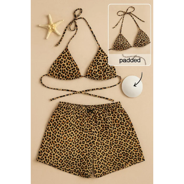 Kadın Leopar Desenli Şortlu Belden ve Boyundan Bağlamalı Bikini Takımı