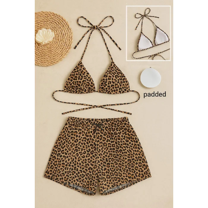 Kadın Leopar Desenli Şortlu Belden ve Boyundan Bağlamalı Bikini Takımı