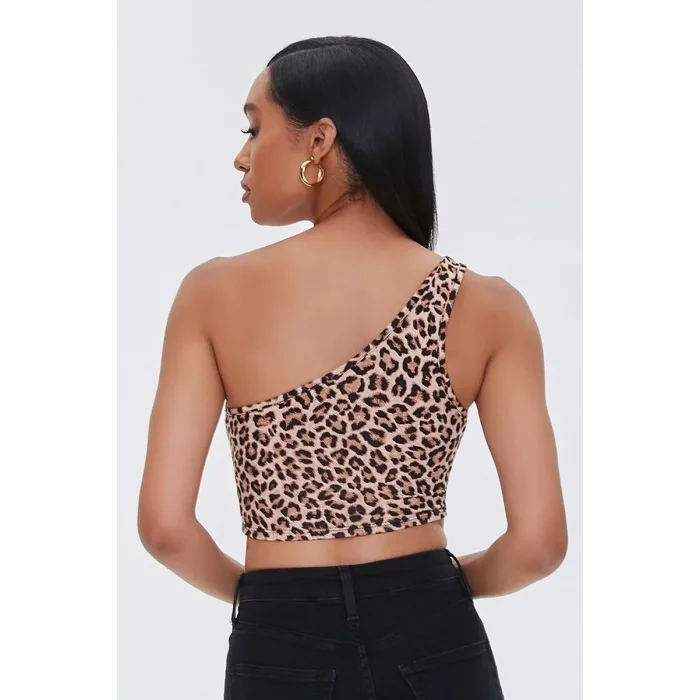 Kadın Leopar Desenli Tek Omuz Crop Büstiyer