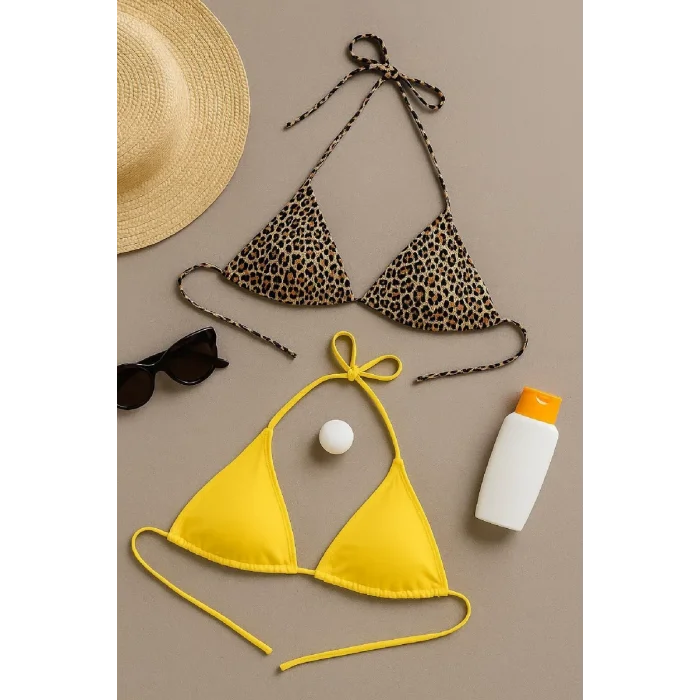 Kadın Leopar Desenli ve Sarı Minimal Kesim Üçgen Bikini Üstü – Modern ve Şık Tasarım