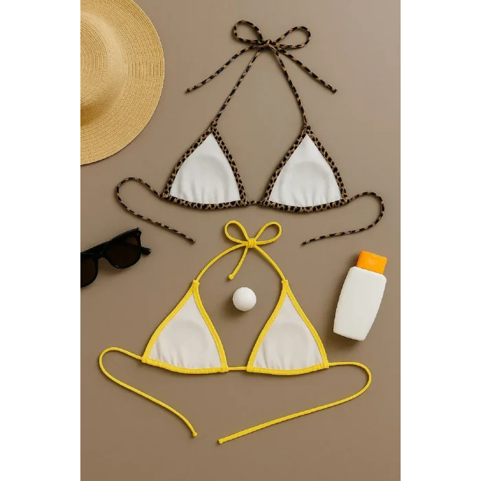 Kadın Leopar Desenli ve Sarı Minimal Kesim Üçgen Bikini Üstü – Modern ve Şık Tasarım