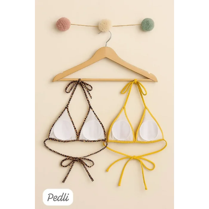 Kadın Leopar Desenli ve Sarı Minimal Kesim Üçgen Bikini Üstü – Modern ve Şık Tasarım