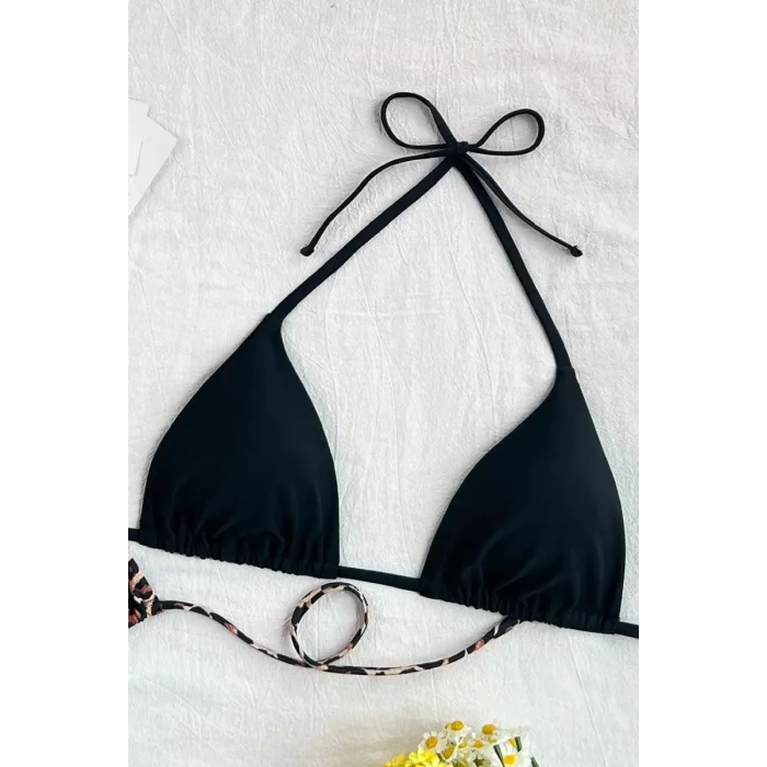Kadın Leopar Desenli ve Siyah Minimal Kesim Üçgen Bikini Üstü