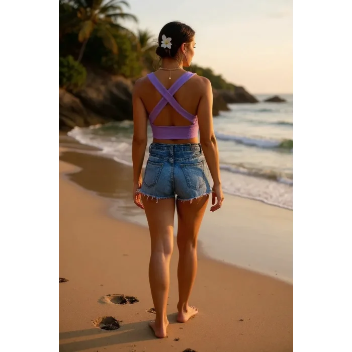 Kadın Lila Çapraz Sırt Detaylı Şık Crop Top Büstiyer