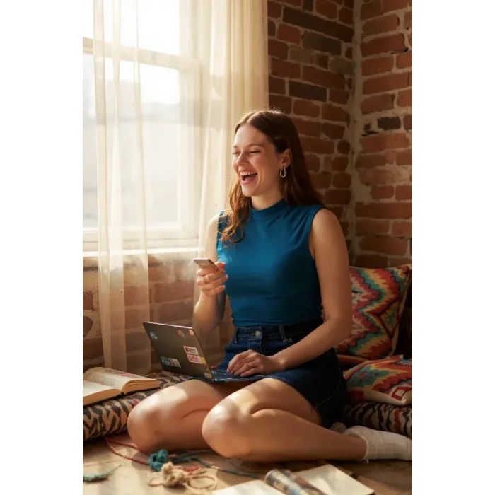 Kadın Mavi Kolsuz Balıkçı Yaka Basic Bluz