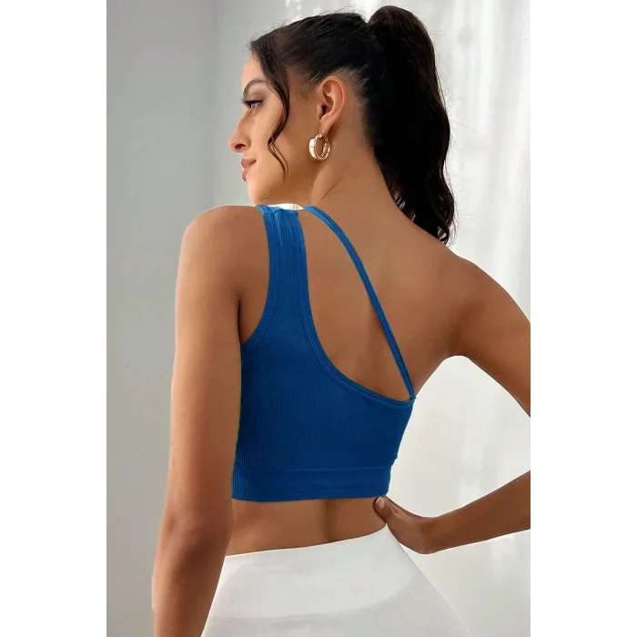 Kadın Mavi Tek Omuzlu Çapraz Askılı Crop Top Büstiyer – Modern ve Şık Tasarım