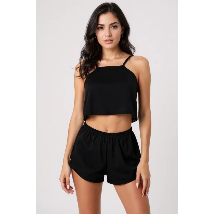 Kadın Siyah Arkası Komple Dantel Şortlu Gecelik Takım