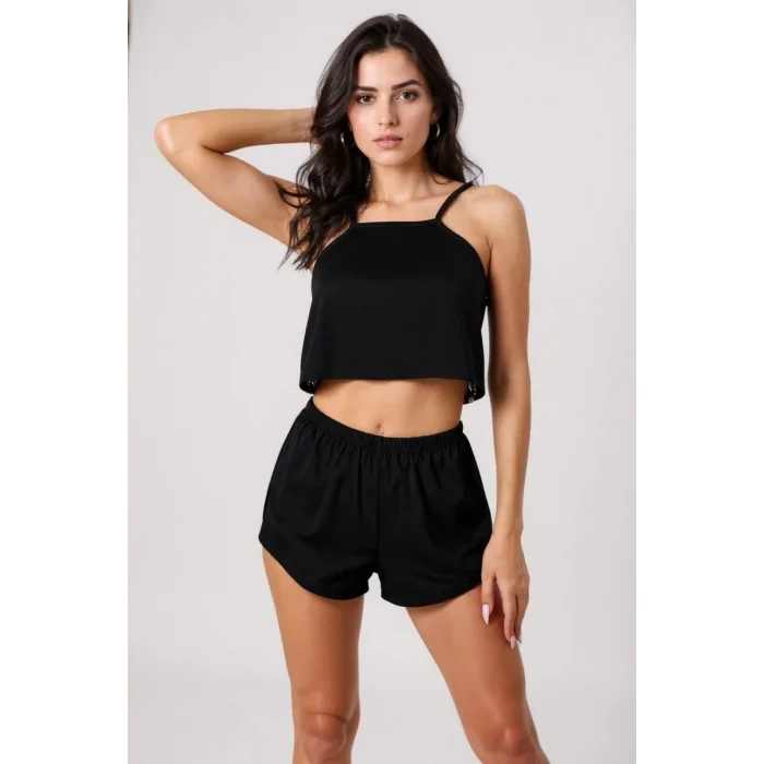 Kadın Siyah Arkası Komple Dantel Şortlu Gecelik Takım