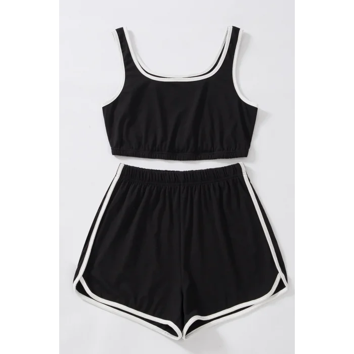 Kadın Siyah Askılı Crop Top ve Şortlu Gecelik Takım