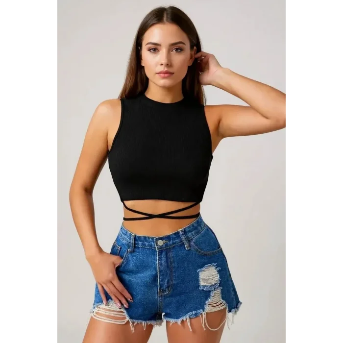 Kadın Siyah Çapraz Bağlamalı Crop Top Büstiyer – Modern ve Şık Tasarım