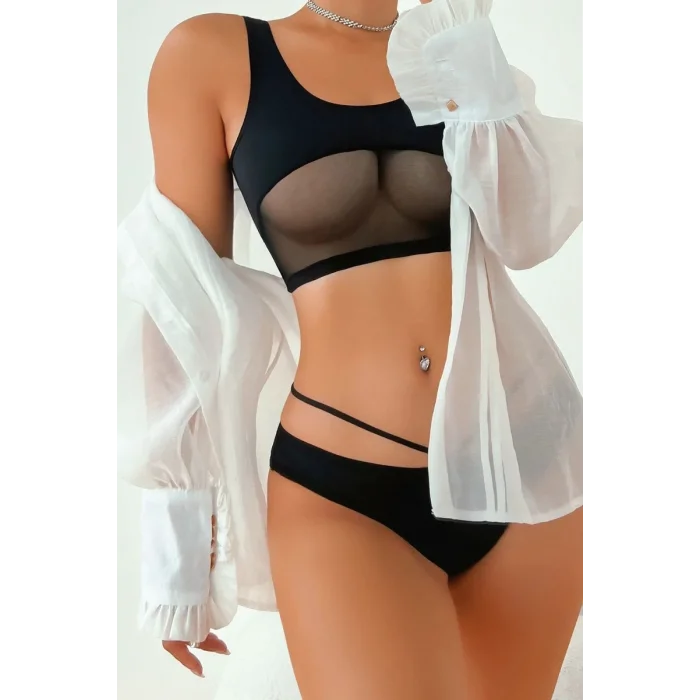 Kadın Siyah Çapraz Ip Detaylı Şık Bikini Takımı – Modern, Konforlu