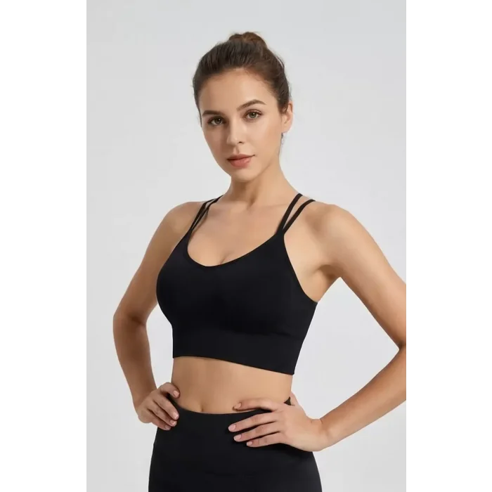 Kadın Siyah Çarpraz İpli Spor Büstiyer – Modern ve Şık Tasarım
