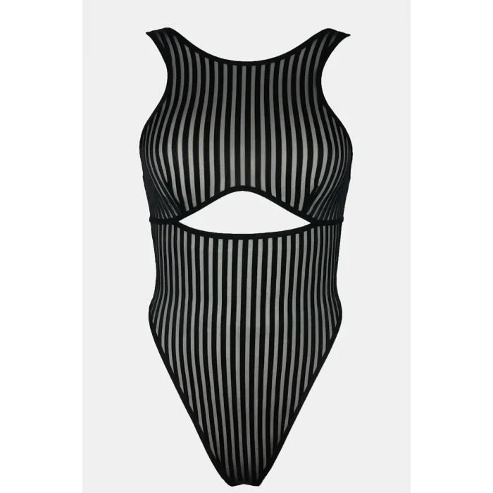 Kadın Siyah Cut-Out Detaylı Transparan Çizgili Gecelik – Modern ve Şık Tasarım