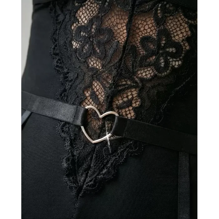 Kadın Siyah Dantel Jartiyerli Bodysuit Gecelik - Kemer Detaylı