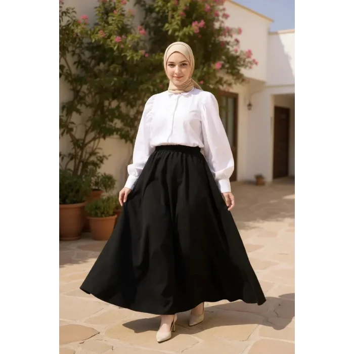 Kadın Siyah Double Kumaş Beli Lastikli Cepli Etek
