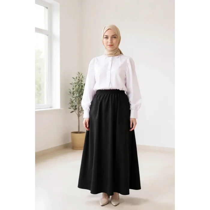 Kadın Siyah Double Kumaş Beli Lastikli Cepli Etek