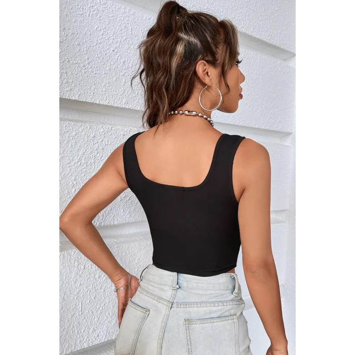 Kadın Siyah Göbek Dekolteli Crop Top Bluz – Şık, Rahat ve Kolay Kombinlenebilir