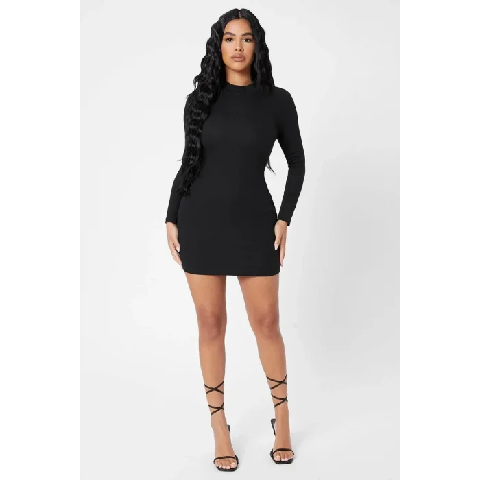 Kadın Siyah Kaşkorse Balıkçı Yaka Uzun Kollu Bodycon Mini Elbise