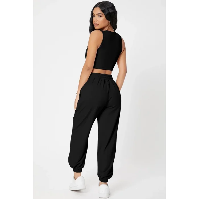 Kadın Siyah Kaşkorse Cepli Jogger Eşofman Altı ve Crop Top Bluz