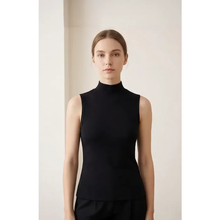 Kadın Siyah Kolsuz Balıkçı Yaka Basic Bluz