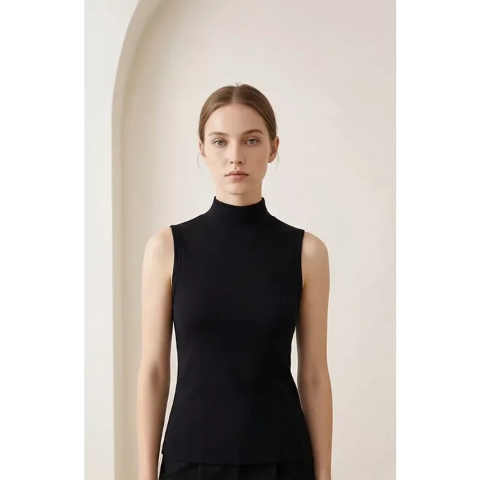 Kadın Siyah Kolsuz Balıkçı Yaka Basic Bluz