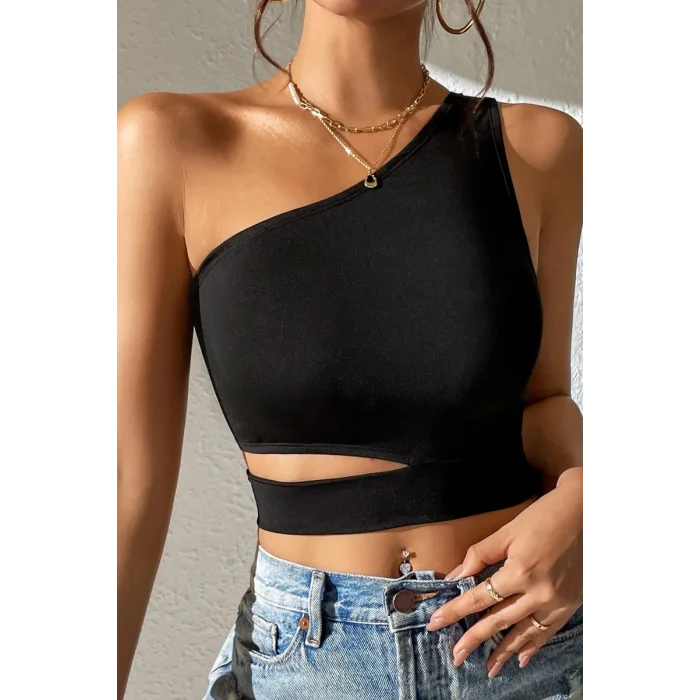 Kadın Siyah Tek Kol Cut Out Göbek Dekolteli Crop Top Bluz – Şık, Rahat ve Kolay Kombinlenebilir