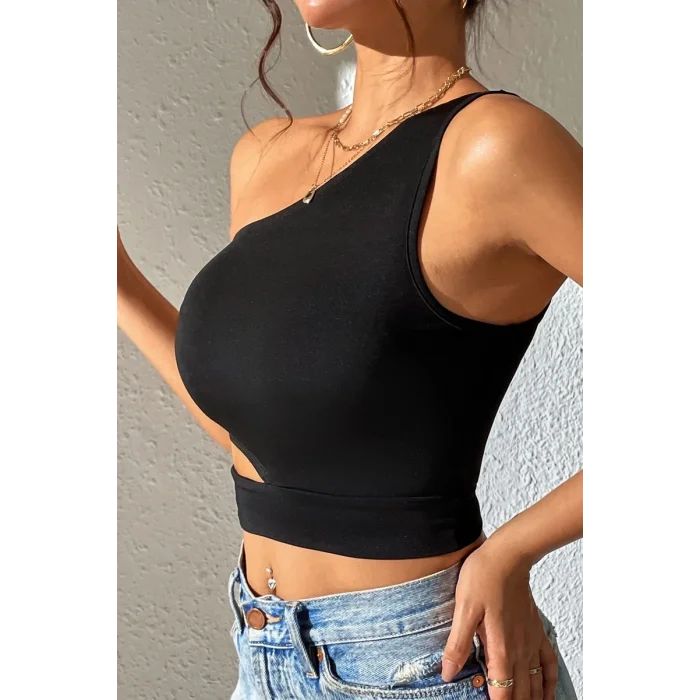 Kadın Siyah Tek Kol Cut Out Göbek Dekolteli Crop Top Bluz – Şık, Rahat ve Kolay Kombinlenebilir