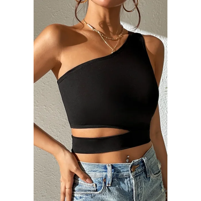 Kadın Siyah Tek Kol Cut Out Göbek Dekolteli Crop Top Bluz – Şık, Rahat ve Kolay Kombinlenebilir