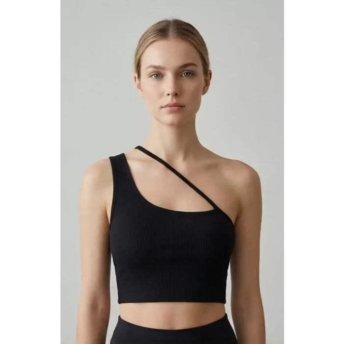 Kadın Siyah Tek Omuzlu Çapraz Askılı Crop Top Büstiyer – Modern ve Şık Tasarım