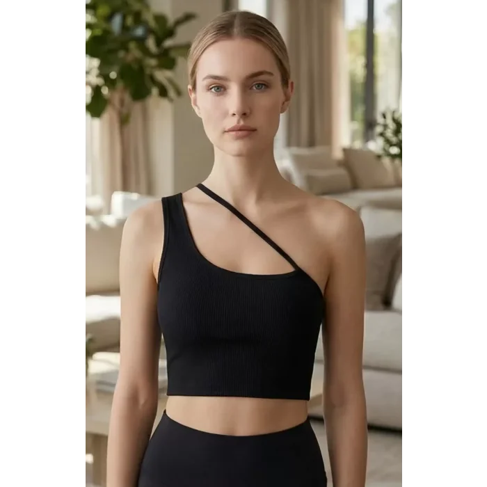 Kadın Siyah Tek Omuzlu Çapraz Askılı Crop Top Büstiyer – Modern ve Şık Tasarım