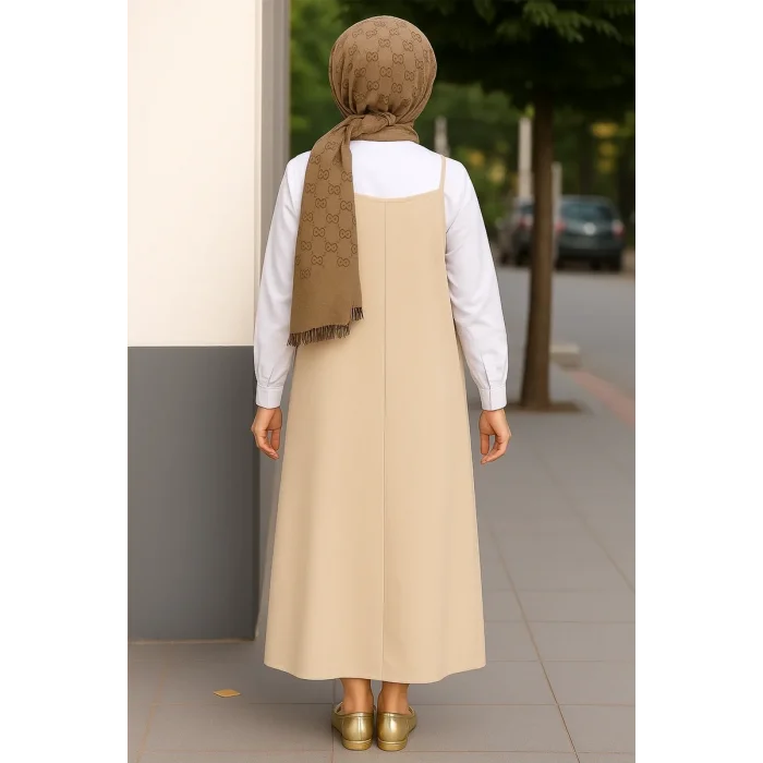 Kadın Taş Rengi Basic Ayarlanabilir Askılı Jile Elbise