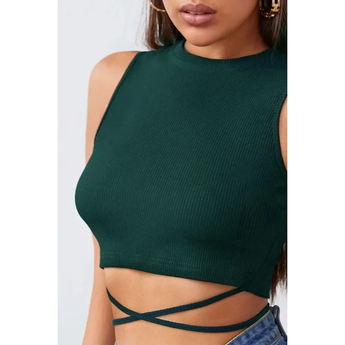 Kadın Yeşil Çapraz Bağlamalı Crop Top Büstiyer – Modern ve Şık Tasarım