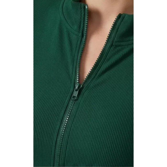 Kadın Yeşil Uzun Kol Fermuarlı Parmak Geçme Detaylı Dik Yaka Crop Top Bluz