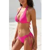 Kadın Fuşya Belden, Boyundan Bağlamalı ve Ayarlanabilir Külotlu Üçgen Bikini Mayo Takımı