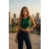 Kadın Yeşil Kare Yaka Crop Top Bluz – Şık, Rahat ve Kolay Kombinlenebilir