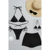 Kadın 3lü Set Siyah Şortlu ve Yandan Bağlamalı Bikini Mayo Takımı
