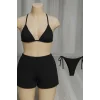 Kadın 3lü Set Siyah Şortlu ve Yandan Bağlamalı Bikini Mayo Takımı