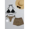 Kadın 3lü Set Siyah ve Leopar Desenli Şortlu Yandan Bağlamalı Bikini Mayo Takımı