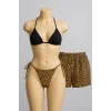 Kadın 3lü Set Siyah ve Leopar Desenli Şortlu Yandan Bağlamalı Bikini Mayo Takımı