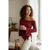 Kadın Bordo Uzun İspanyol Kollu Asimetirik Yaka Yandan Bağlamalı Drapeli Bluz