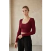 Kadın Bordo Uzun Kol Kare Yaka Crop Top Bluz