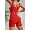 Kadın Kırmızı Şortlu Yüksek Bel Gecelik Takımı