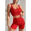 Kadın Kırmızı Şortlu Yüksek Bel Gecelik Takımı