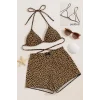 Kadın Leopar Desenli Şortlu Belden ve Boyundan Bağlamalı Bikini Takımı