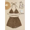 Kadın Leopar Desenli Şortlu Belden ve Boyundan Bağlamalı Bikini Takımı