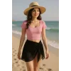 Kadın Pembe Yarım Kol Crop ve Siyah Pareo 2li Set – Modern ve Şık Tasarım