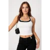 Kadın Siyah Beyaz Çift Renk Çapraz Askılı Crop Top Bluz