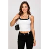 Kadın Siyah Beyaz Çift Renk Çapraz Askılı Crop Top Bluz