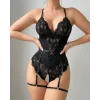 Kadın Siyah Dantel Jartiyerli Bodysuit Gecelik - Kemer Detaylı