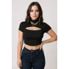 Kadın Siyah Göğüs Dekolteli Yarım Kollu Cut Out Crop Top Bluz – Şık, Rahat ve Kolay Kombinlenebilir